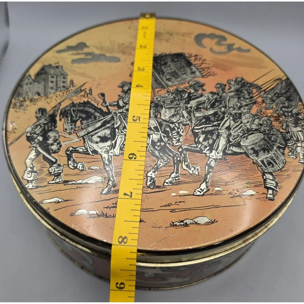 Vintage Round Metal Tin Medieval Knights Horse Procession Decorative 8” Storage